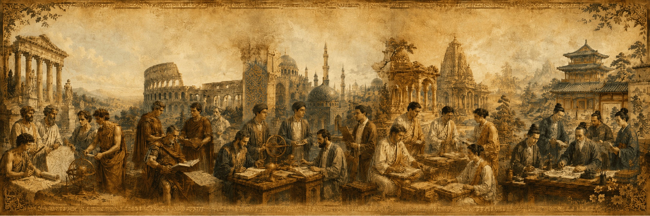 A painted panel of scholars from Greek, Roman, Persian, Indian, and Chinese traditions working at their own tables of manuscripts, globes, and instruments, with the architecture of each tradition behind them.