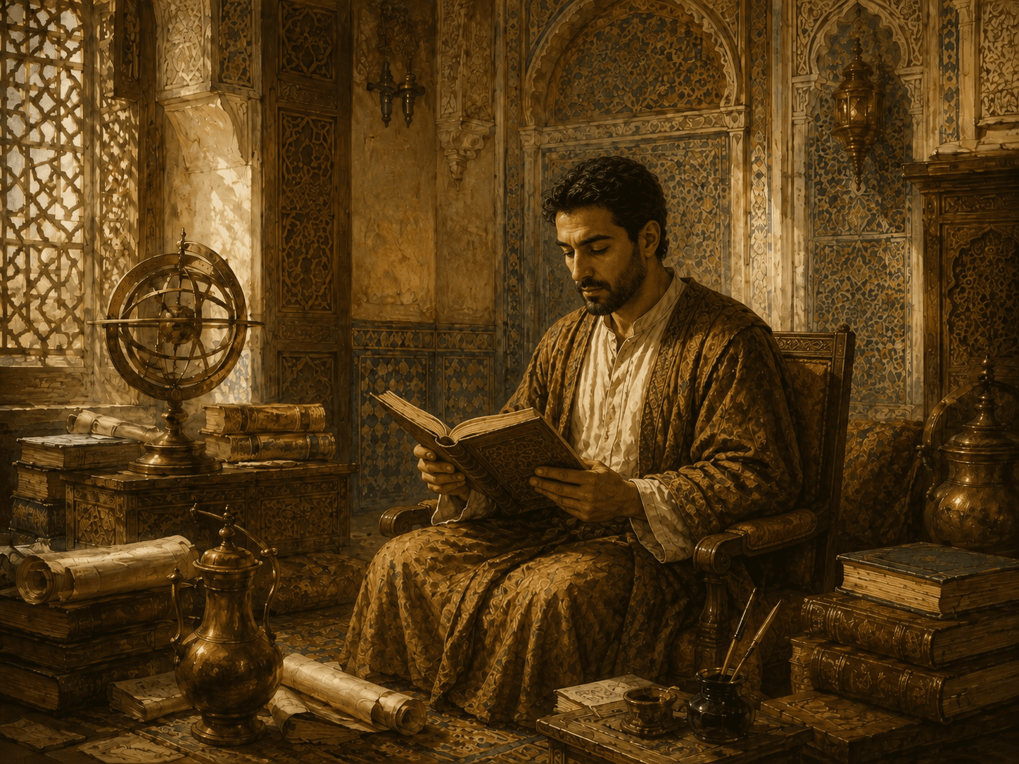 A painting of a scholar seated on a patterned floor in a tiled room, reading an open manuscript, with an armillary sphere, bound volumes, rolled scrolls, and an inkwell around him.